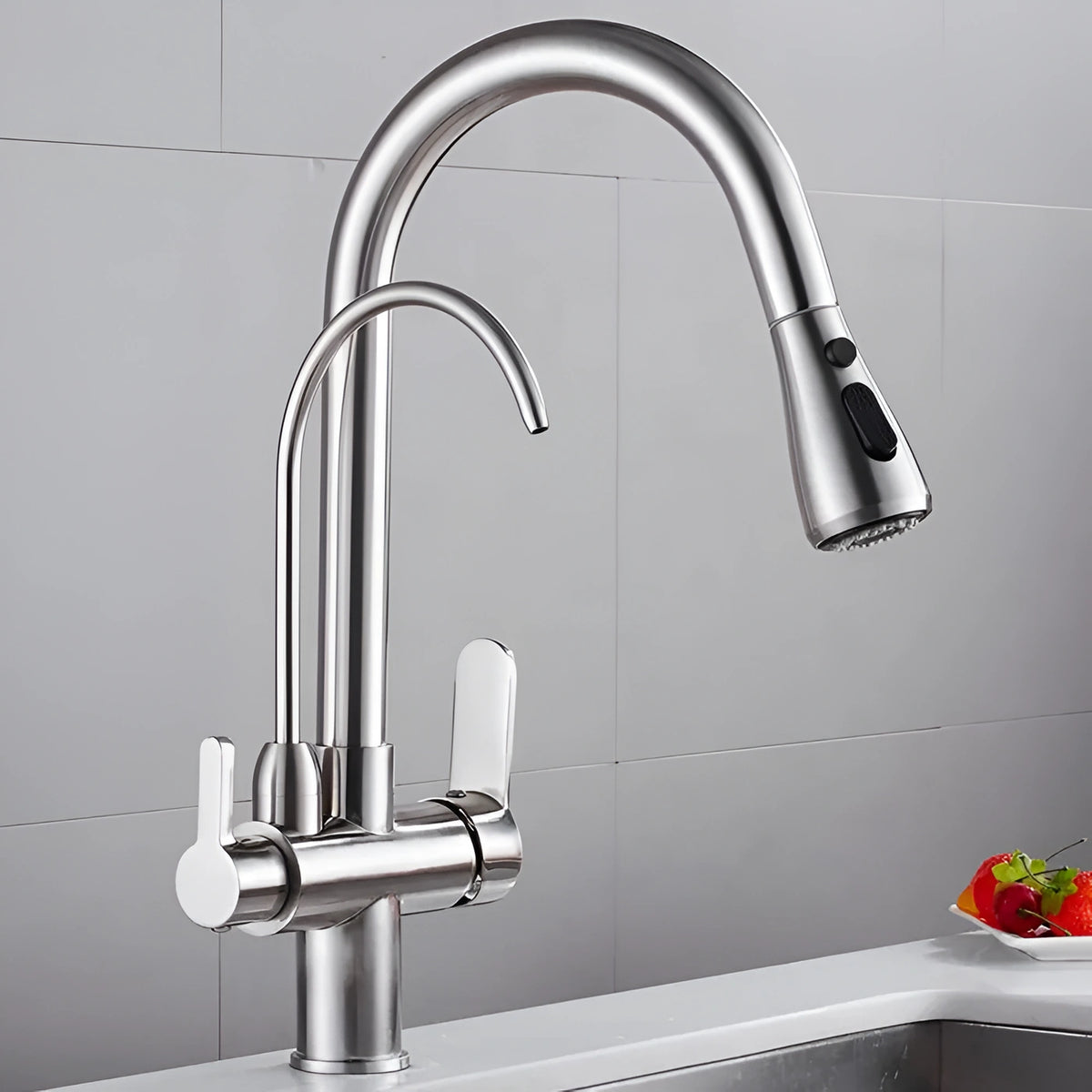 Arch - Pull Out Kitchen Tap - Goose Neck - Dual Handle - Dual Spout - Spray Modes