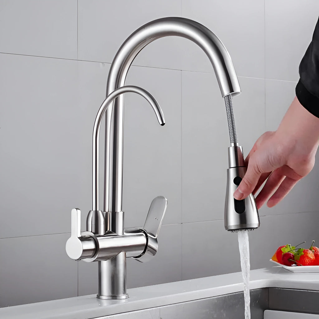 Arch - Pull Out Kitchen Tap - Goose Neck - Dual Handle - Dual Spout - Spray Modes