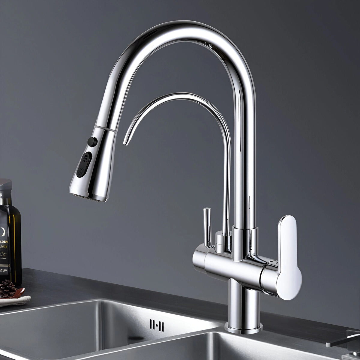 Arch - Pull Out Kitchen Tap - Goose Neck - Dual Handle - Dual Spout - Spray Modes