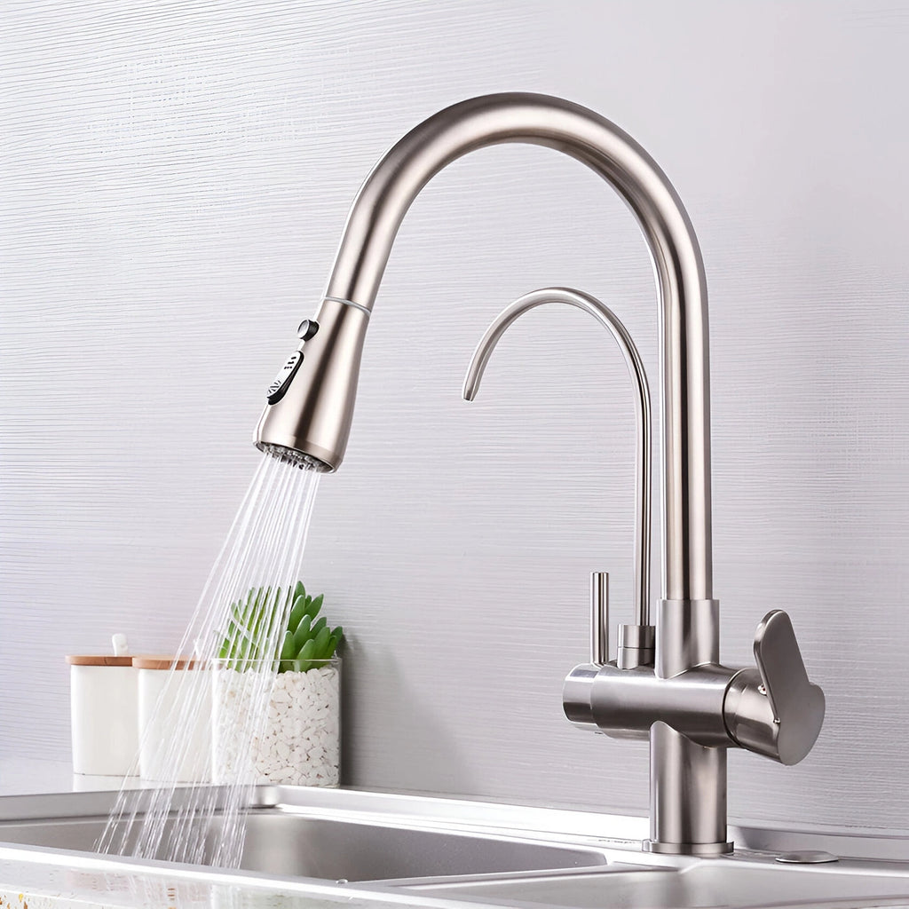 Arch - Pull Out Kitchen Tap - Goose Neck - Dual Handle - Dual Spout - Spray Modes