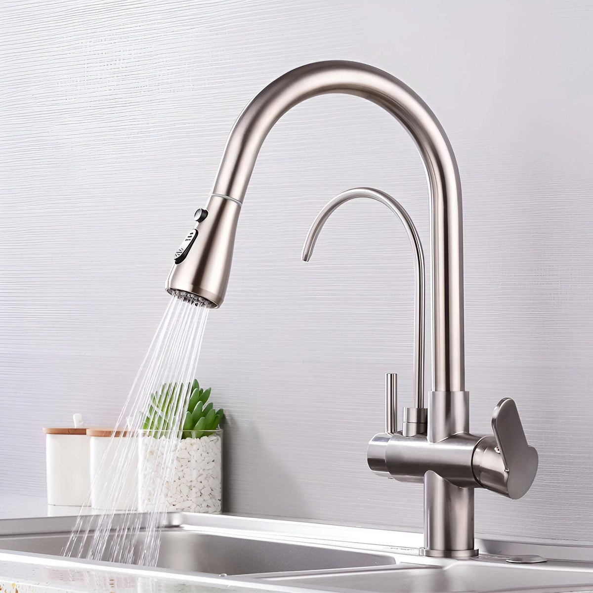 Arch - Pull Out Kitchen Tap - Goose Neck - Dual Handle - Dual Spout - Spray Modes