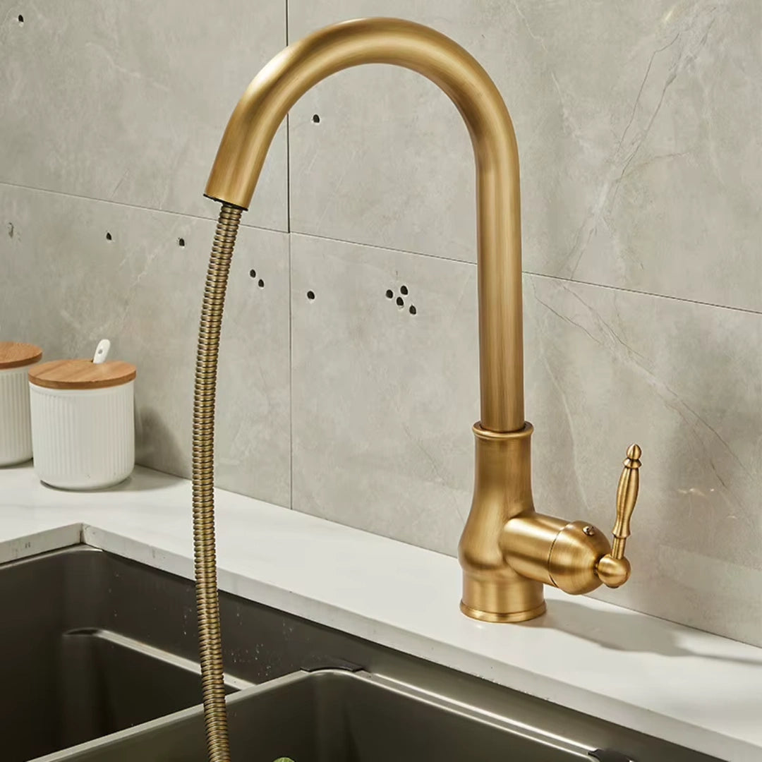 Haven - Antique Brass Pull Out Kitchen Tap - Goose Neck