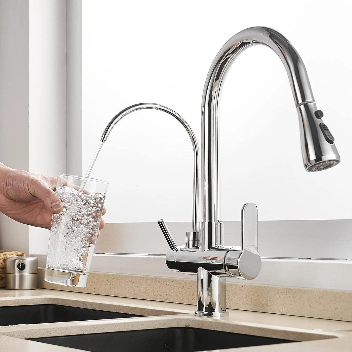 Arch - Pull Out Kitchen Tap - Goose Neck - Dual Handle - Dual Spout - Spray Modes