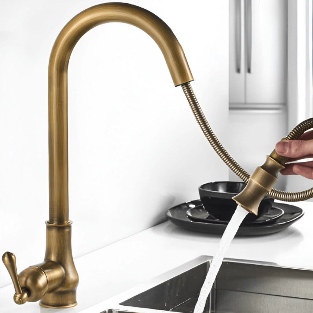 Haven - Antique Brass Pull Out Kitchen Tap - Goose Neck