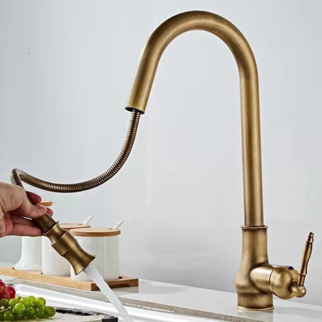 Haven - Antique Brass Pull Out Kitchen Tap - Goose Neck
