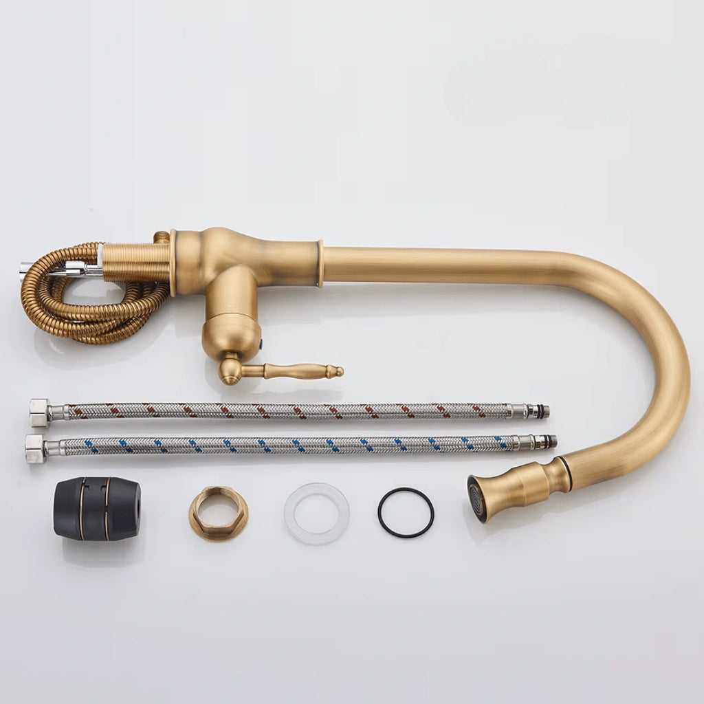 Haven - Antique Brass Pull Out Kitchen Tap - Goose Neck