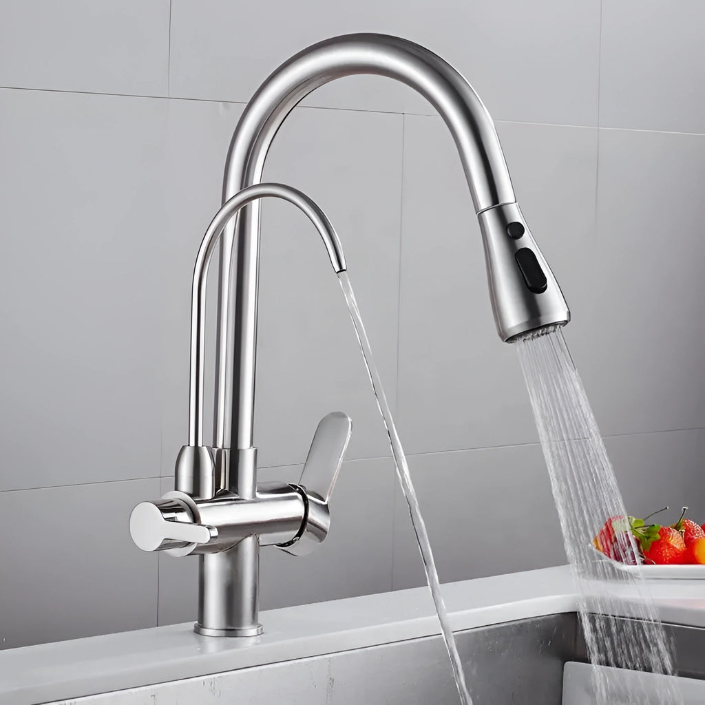 Arch - Pull Out Kitchen Tap - Goose Neck - Dual Handle - Dual Spout - Spray Modes