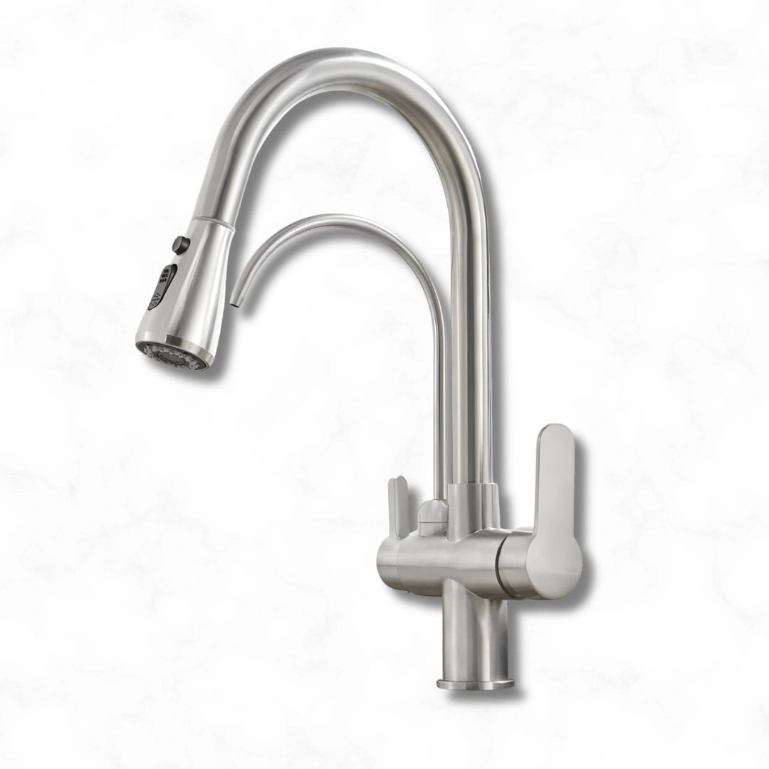 Arch - Pull Out Kitchen Tap - Goose Neck - Dual Handle - Dual Spout - Spray Modes
