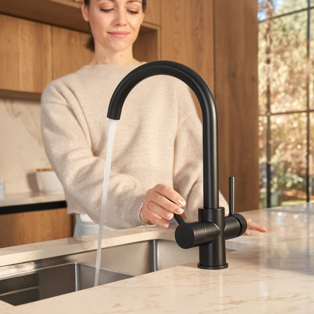 Slate - Kitchen Mixer Tap with Water Filter - Goose Neck - Dual Spout - Spray Modes