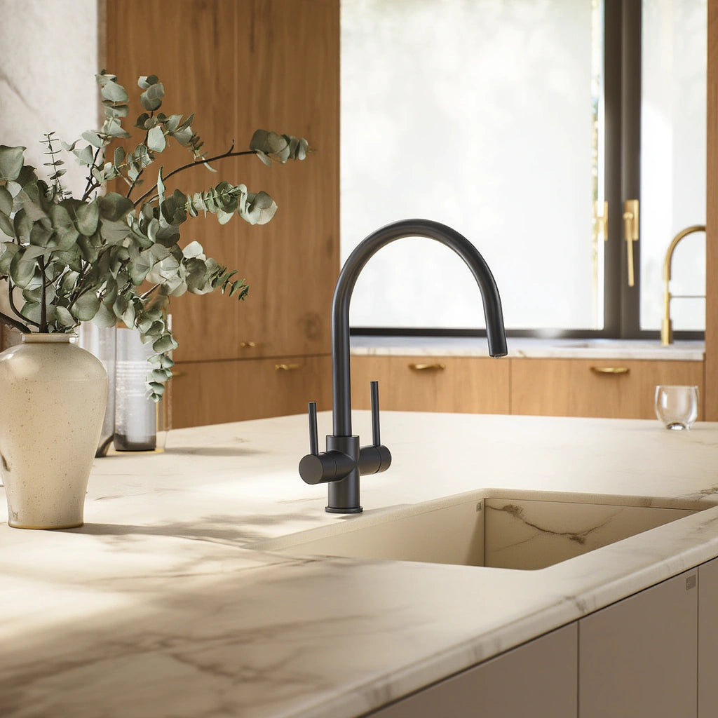Slate - Kitchen Mixer Tap with Water Filter - Goose Neck - Dual Spout - Spray Modes
