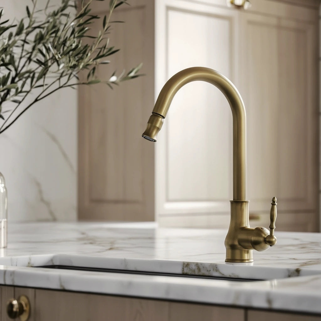 Haven - Antique Brass Pull Out Kitchen Tap - Goose Neck