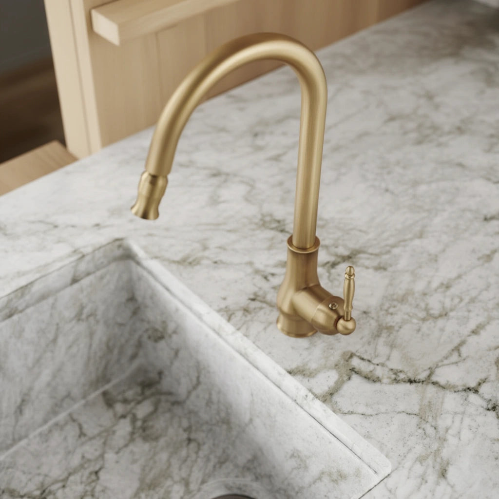 Haven - Antique Brass Pull Out Kitchen Tap - Goose Neck