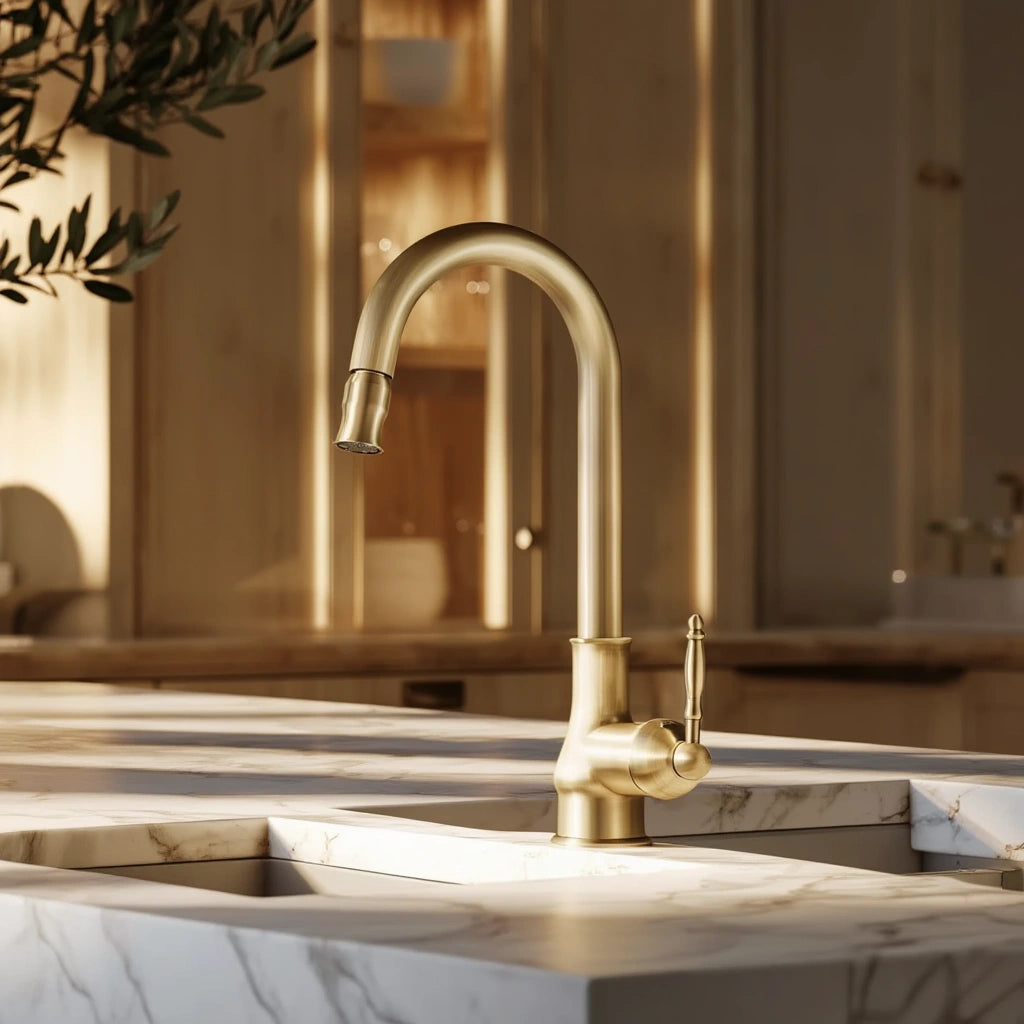 Haven - Antique Brass Pull Out Kitchen Tap - Goose Neck