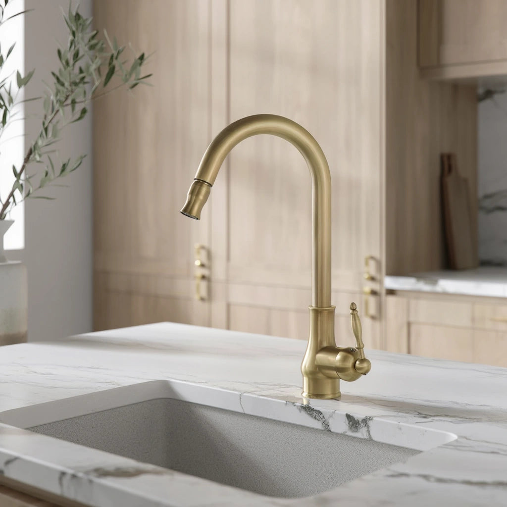 Haven - Antique Brass Pull Out Kitchen Tap - Goose Neck