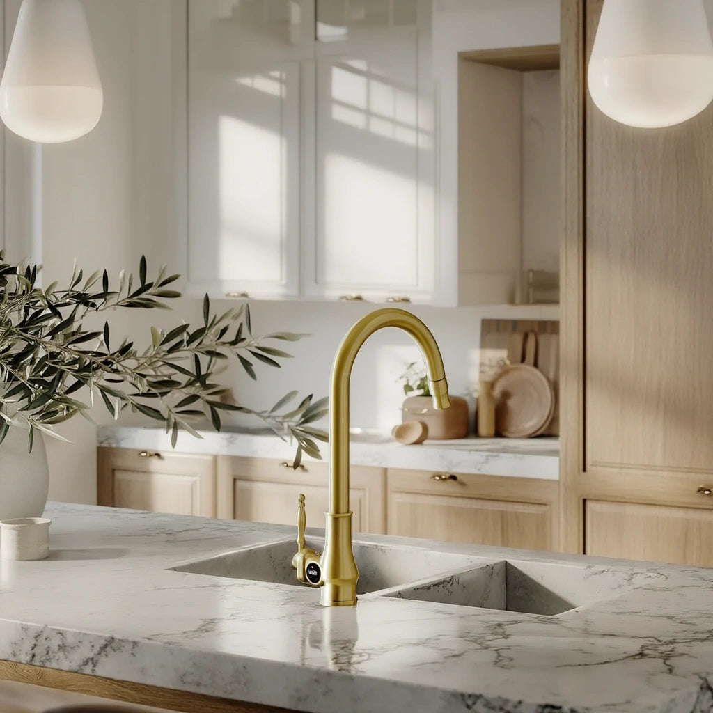 Haven - Antique Brass Pull Out Kitchen Tap - Goose Neck