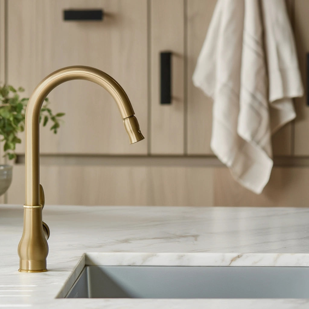 Haven - Antique Brass Pull Out Kitchen Tap - Goose Neck