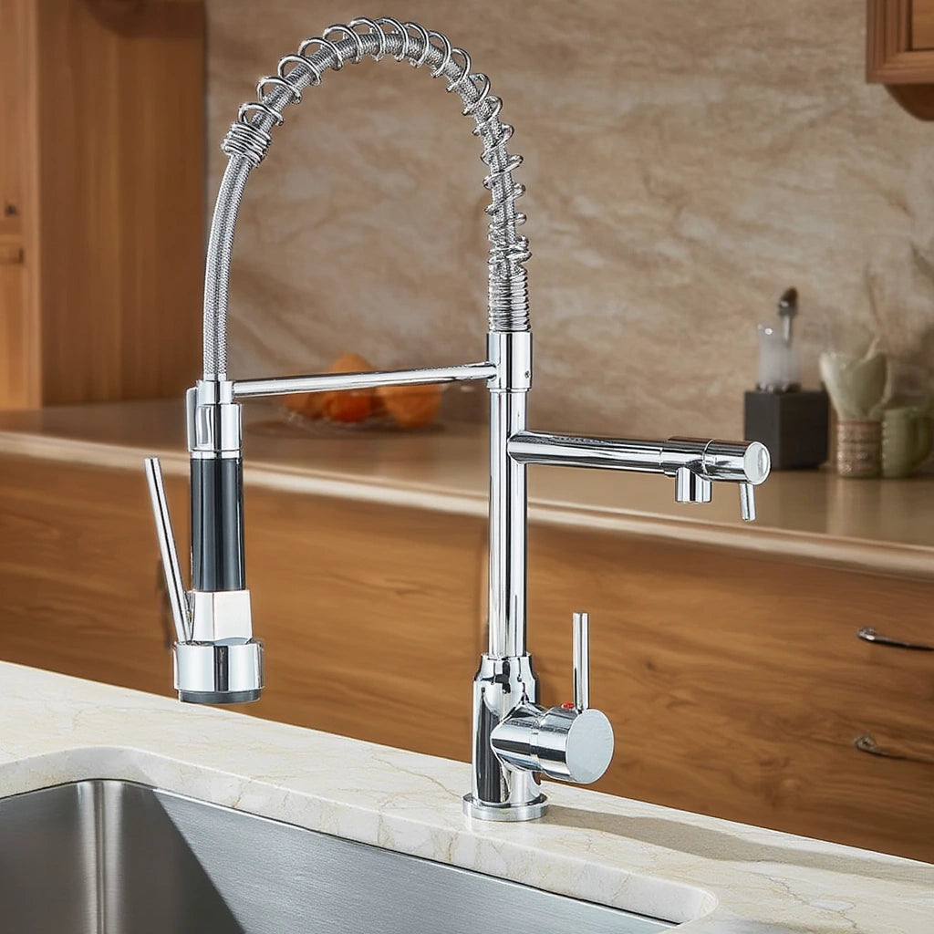 Pillar - Pull Out Kitchen Tap - Straight Neck - Dual Spray - Dual Spout