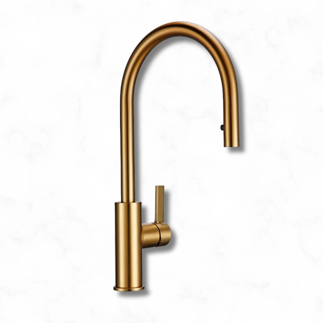 Crest - Pull Out Kitchen Tap - Brushed Brass - Goose Neck