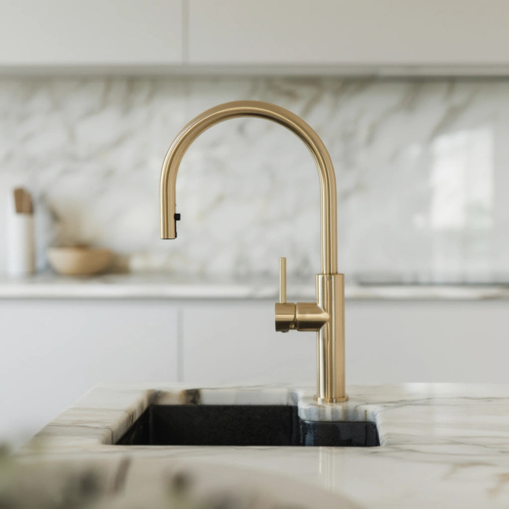 Crest - Pull Out Kitchen Tap - Brushed Brass - Goose Neck