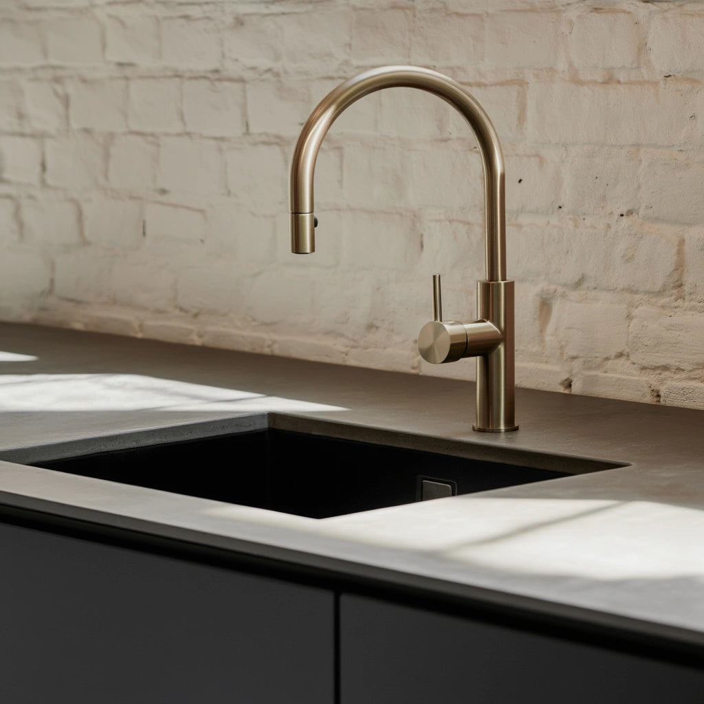 Crest - Pull Out Kitchen Tap - Brushed Brass - Goose Neck