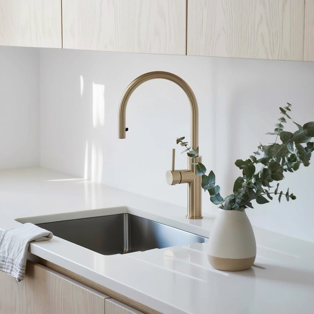Crest - Pull Out Kitchen Tap - Brushed Brass - Goose Neck