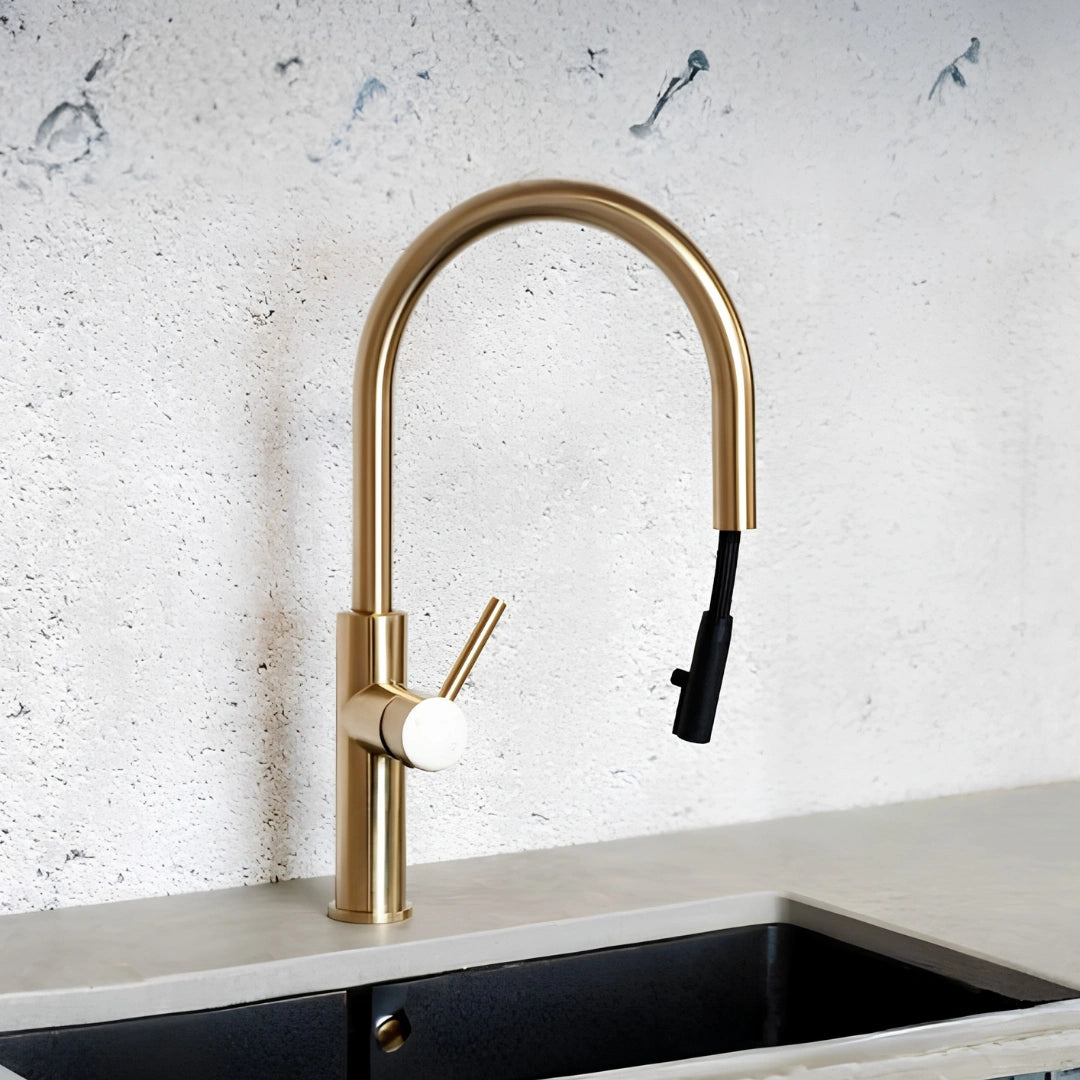 Crest - Pull Out Kitchen Tap - Brushed Brass - Goose Neck