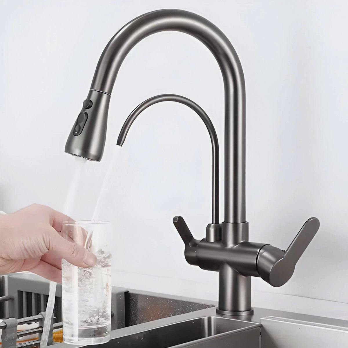 Arch - Pull Out Kitchen Tap - Goose Neck - Dual Handle - Dual Spout - Spray Modes
