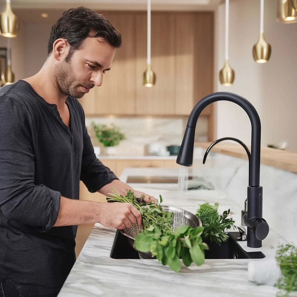 Arch - Pull Out Kitchen Tap - Goose Neck - Dual Handle - Dual Spout - Spray Modes