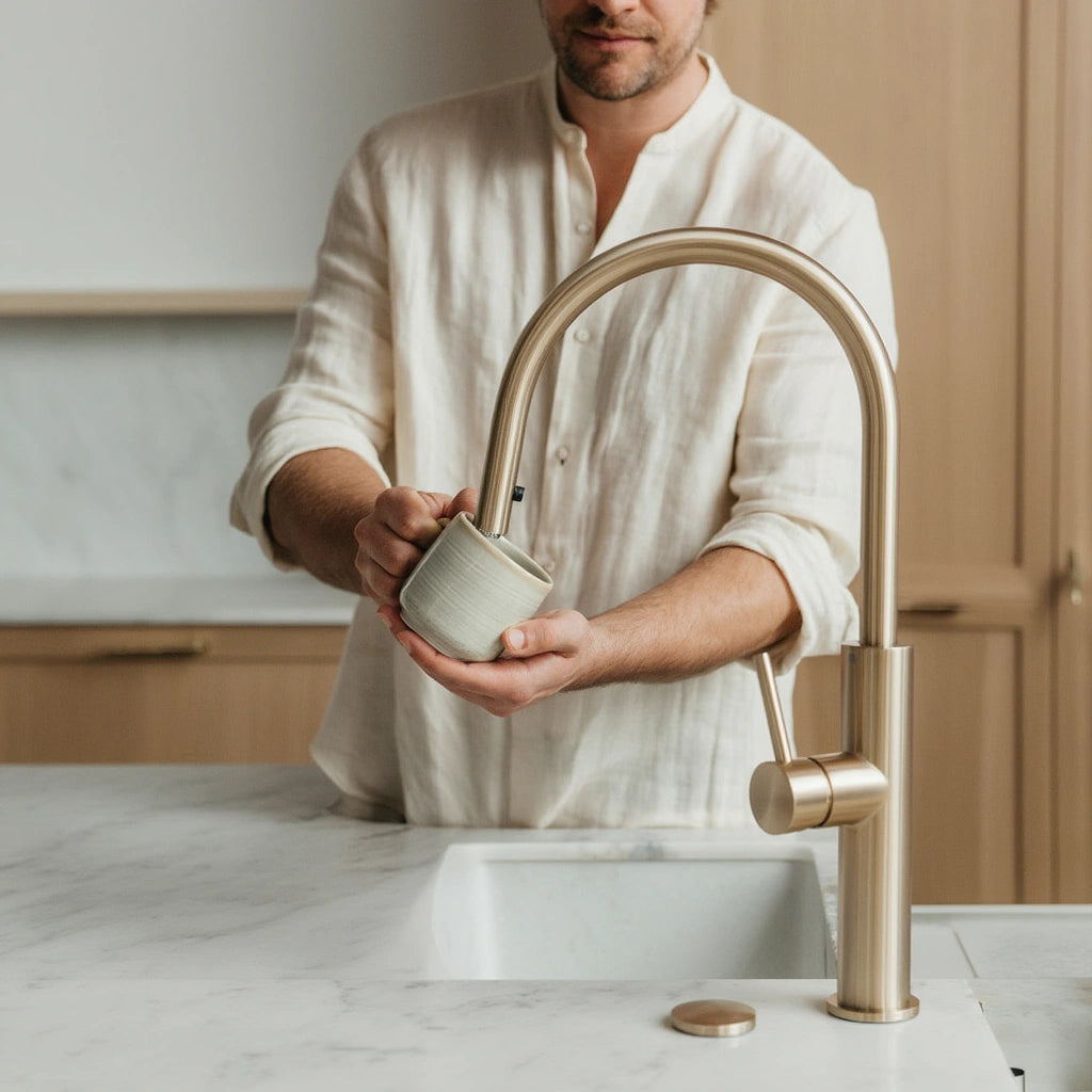 Crest - Pull Out Kitchen Tap - Brushed Brass - Goose Neck