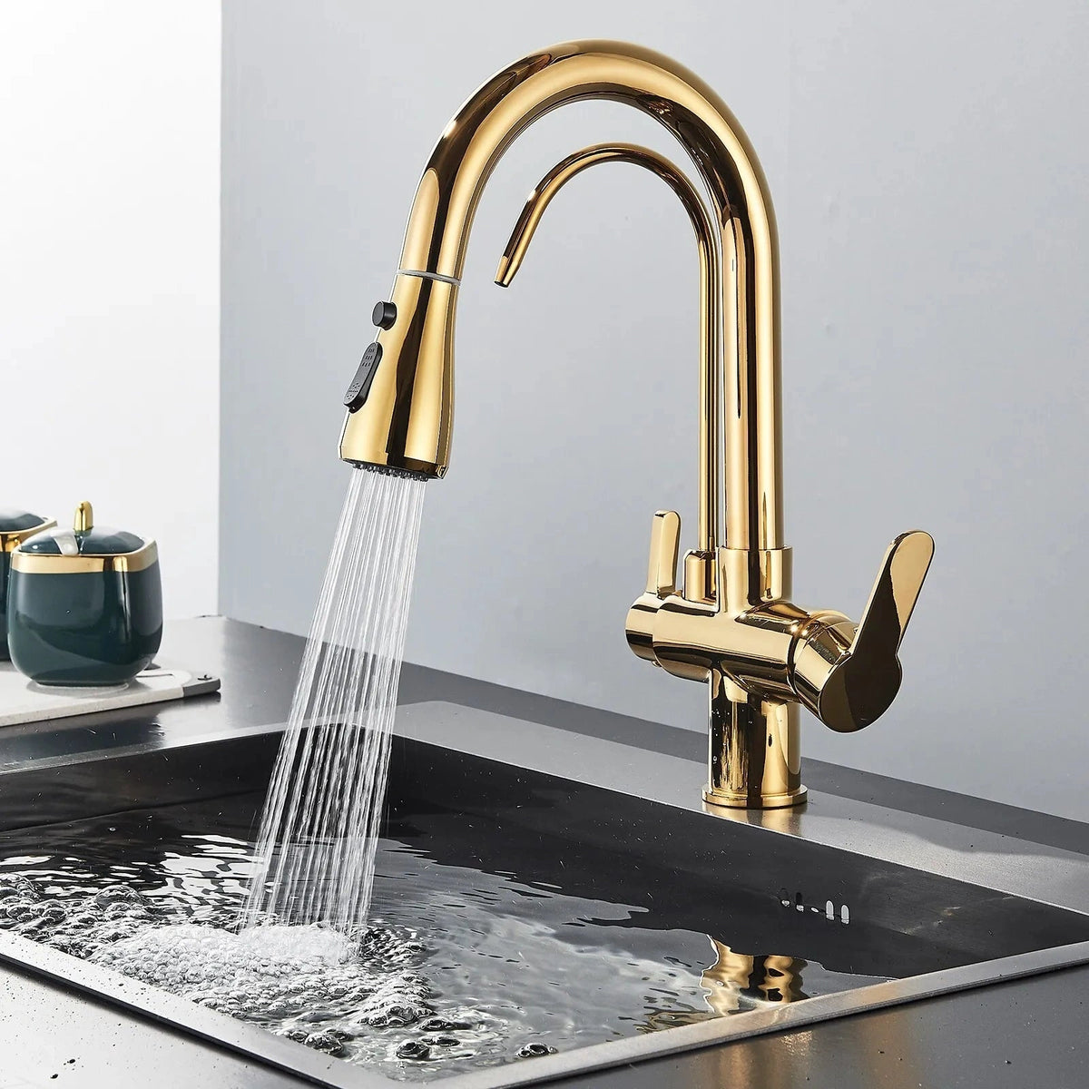 Arch - Pull Out Kitchen Tap - Goose Neck - Dual Handle - Dual Spout - Spray Modes