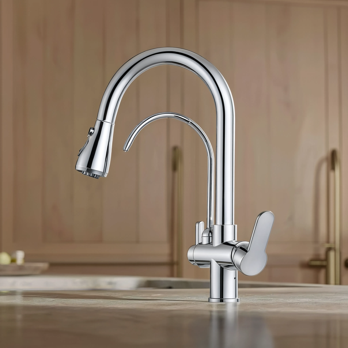 Arch - Pull Out Kitchen Tap - Goose Neck - Dual Handle - Dual Spout - Spray Modes