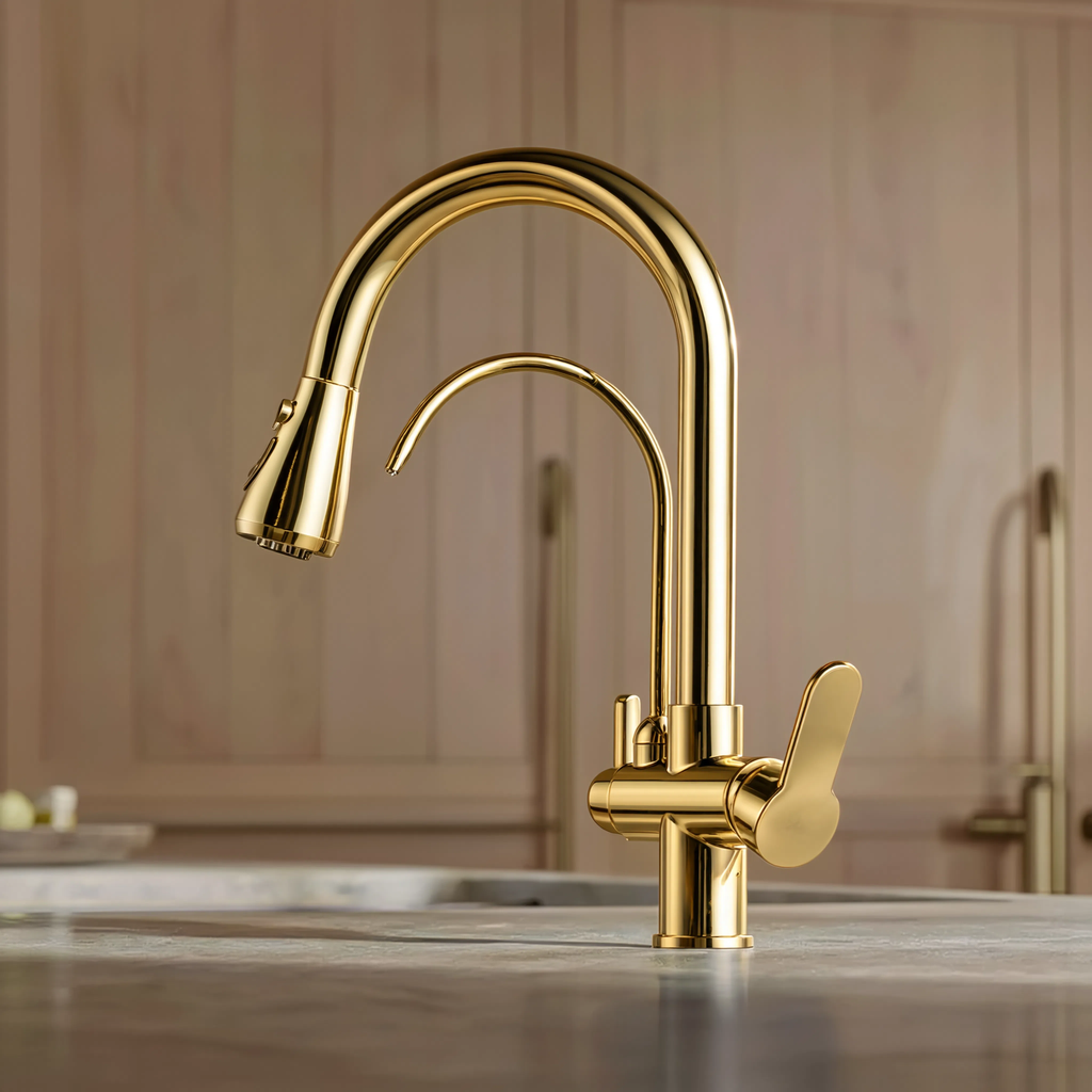 Arch - Pull Out Kitchen Tap - Goose Neck - Dual Handle - Dual Spout - Spray Modes