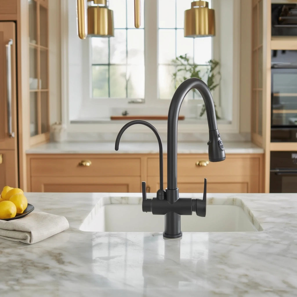 Arch - Pull Out Kitchen Tap - Goose Neck - Dual Handle - Dual Spout - Spray Modes