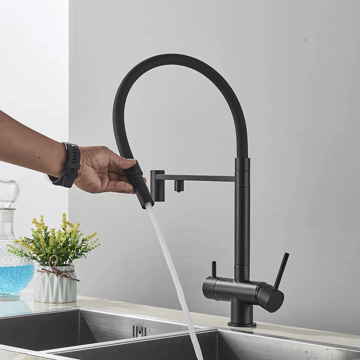 Crown - Pull Out Kitchen Tap - Spring Neck - Dual Spout