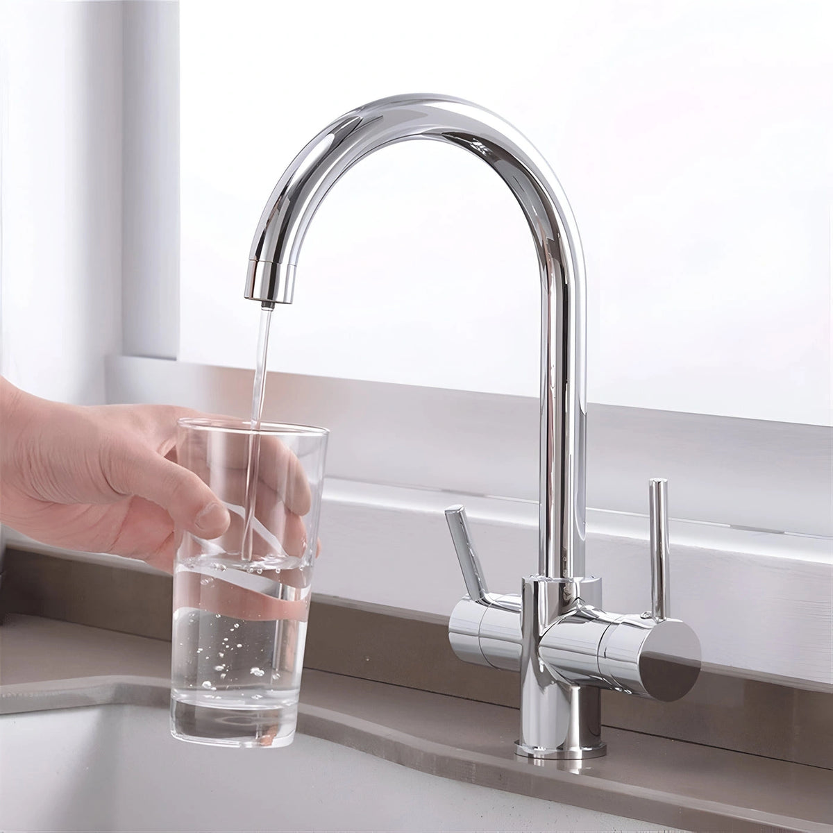 Slate - Kitchen Mixer Tap with Water Filter - Goose Neck - Dual Spout - Spray Modes