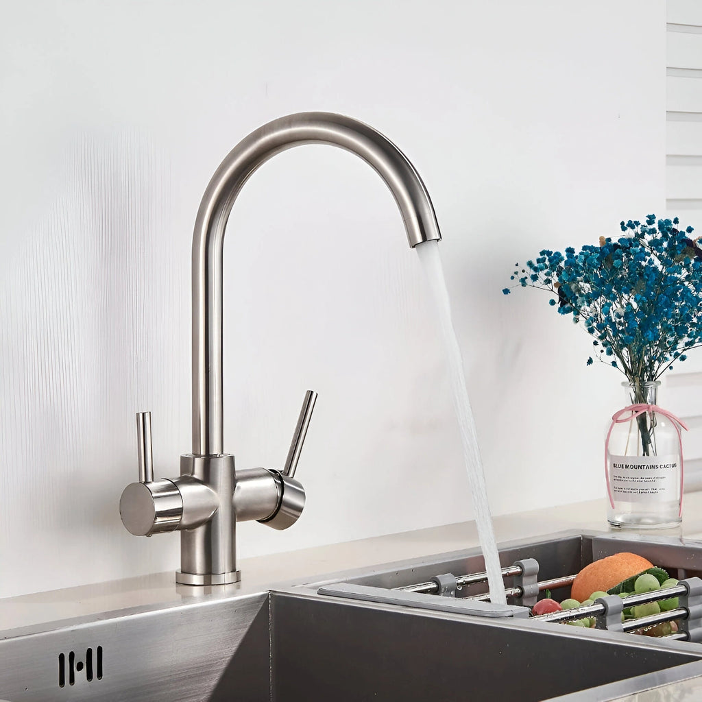 Slate - Kitchen Mixer Tap with Water Filter - Goose Neck - Dual Spout - Spray Modes